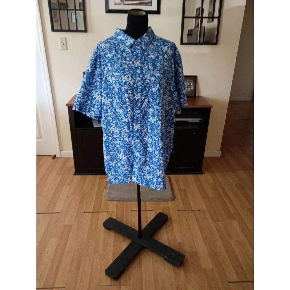 XXL Columbia PFG Omni Shade Blue White Tropical Short Sleeve Button Shirt